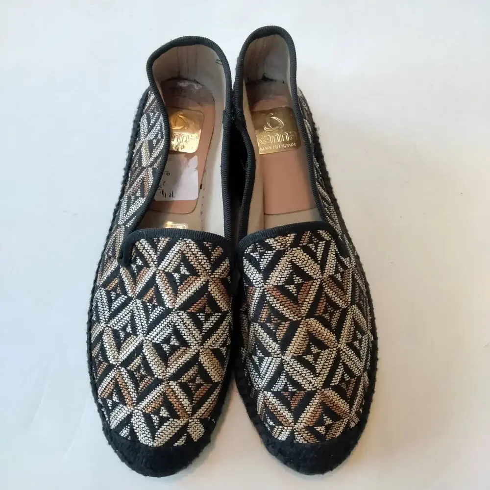 Kanna Sz 7 Woven Espadrille Loafer Black Diamond Pattern Slip On Flat Brown Tan